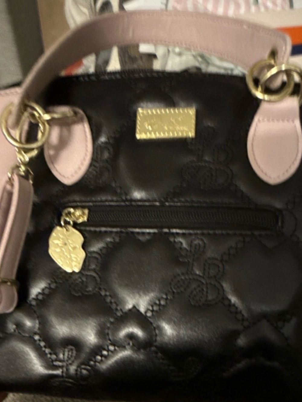Quilted Black Satchel with Soft Pink Handles